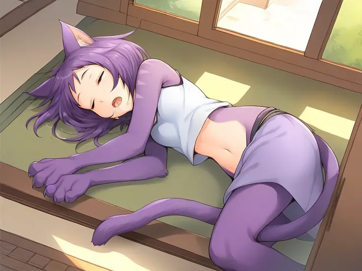 <lora:Fuzzball-PonyXL-1024px-v1.1:0.9>
score_5_up,
1girl, fzbll, solo, lying, on side, sleeping, open mouth, drool,  midriff, navel, purple hair, animal ears, tail, veranda, sunny