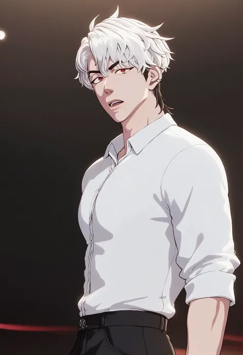 score_9,score_8_up,score_7_up,source_anime,uncensored, 1boy,solo,male,<lora:Eunho>,short hair,two-tone hair,white hair,black hair,red eyes,detailed hair,(highlight:1.3),slender body,looking_at_viewer,thick lips,open mouth,teeth, ,collared_shirt,blackpants,...