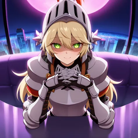 masterpiece, best quality, 1girl, solo, FKnight, long blonde hair, green eyes, armor, helmet, smile, shaded face, glowing eyes, sitting, table, own hands together, pov, window, city, purple lighting, fisheye lens, purple couch, horizon, skyscraper, anime s...