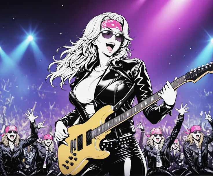 Masterpiece,best quality, 1girl,large breasts,long hair,cowboy shot,sunglasses,lineart,vector art,
edgSP, a woman with a leather jacket and a bandana ,wearing edgSP_outfit,playing guitar in front of a crowd,
 <lora:edgSteelPantherISL:1>