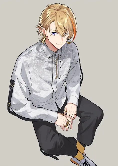 simple_background, from_above, 1boy, solo, score_9_up, score_8_up, score_7_up, source_anime,fura kanato, blonde hair, orange hair, streaked hair, blue eyes, gradient shirt, earrings, necklace, ring, smile, teenager, crossed_legs_(sitting), (one_eye_closed)...