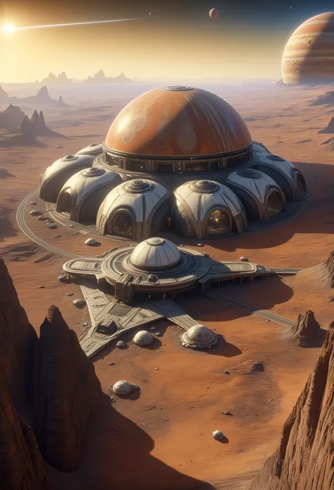 beautiful landscape, 64k, UHD, ((masterpiece, ultimate quality)), sharp focus, beautiful scenery, highres, highly detailed, photo, realistic, photorealistic, best_of George Lucas art style (a deserted planet (on the bottom right (dome like houses))(on the ...