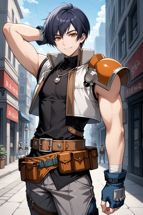 masterpiece, best quality, 1boy, male focus, solo <lora:joshuabright-illu-nvwls-v1-000006:1> zJsha, black hair, short hair, amber eyes, black shirt, turtleneck, sleeveless, necklace, white vest, single shoulder pad, brown belt, belt pouch, blue gloves, fin...