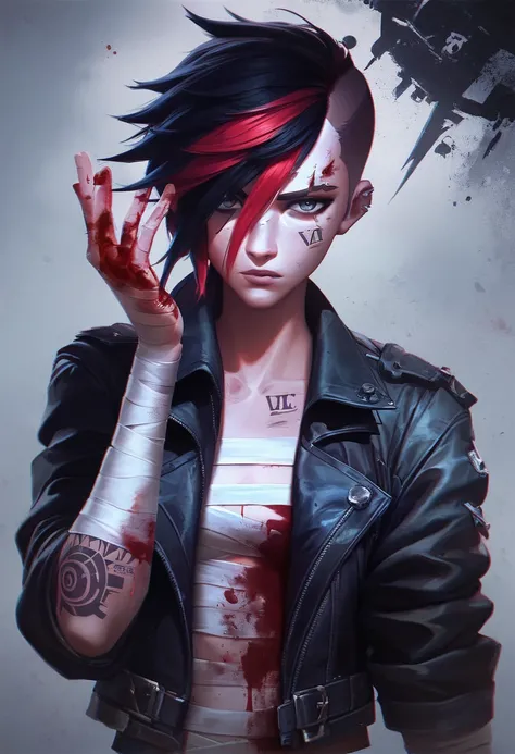 score_9, score_8_up, score_7_up, score_6_up, ARKN2, 1girl, solo, bandages, eyebrow cut, jacket, blood, tattoo, short hair, open clothes, looking at viewer, open jacket, bandaged arm, upper body, bangs, black hair, red hair, piercing, artist name, multicolo...