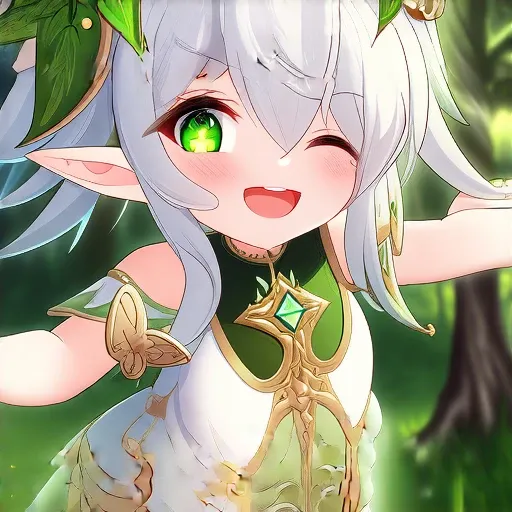 nahida_character, A small elf-like girl with white hair styled with green leaf ornaments, glowing green eyes with a light-green cross, smiling softly. She is wearing a green and white dress with golden ornaments. The close-up portrait captures her serene e...