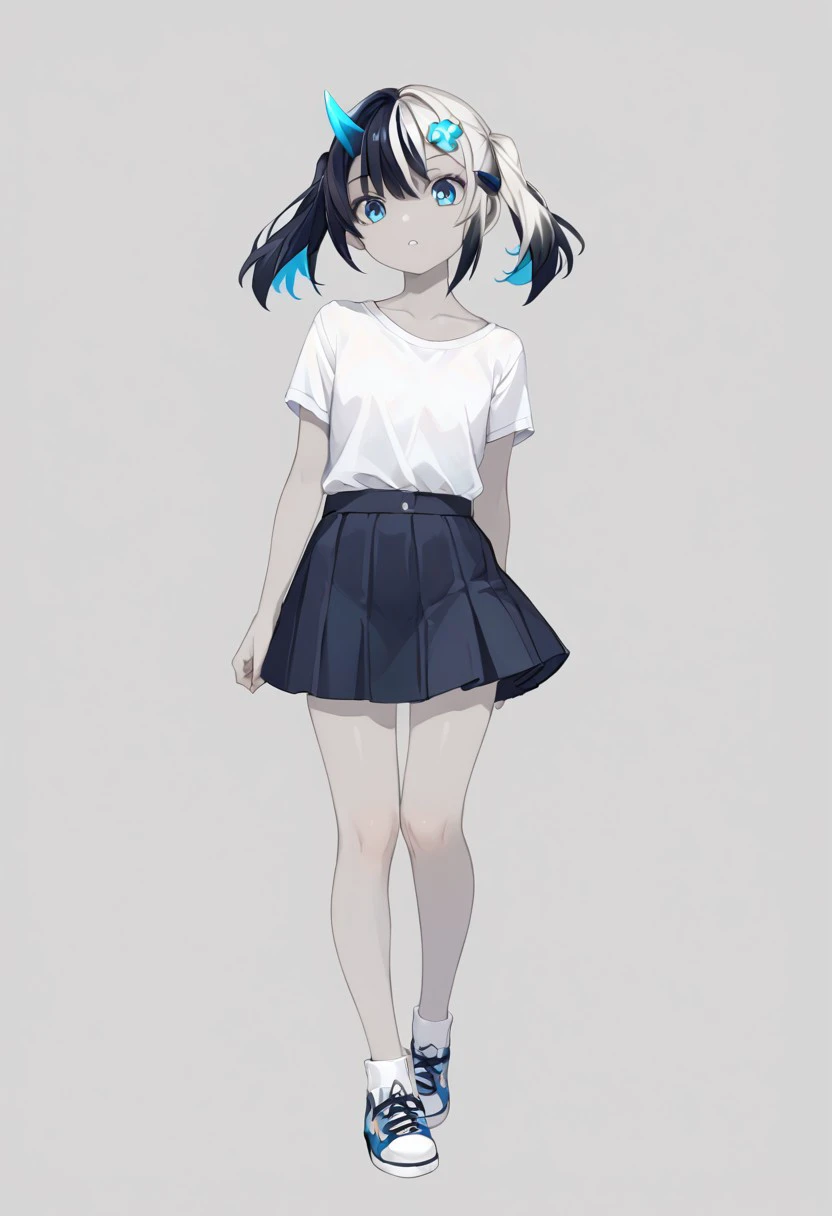 score_9, score_8_up, score_7_up, source_anime,
1girl,
pyre_ms, main_fit, two-tone hair, multi-colored hair, black hair, white hair, twintails, horn, hair ornament, blue eyes, gray skin, flat chest, casual clothes, shirt, skirt,
simple background, full body...