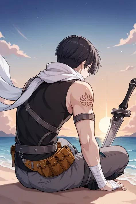 masterpiece, best quality, 1boy, male focus, solo  <lora:joshuabright-illu-nvwls-v1-000006:1> scJsha, black hair, short hair, shoulder tattoo, white scarf, sleeveless shirt, black shirt, black straps, black belt, belt pouch, grey pants, black boots, bandag...