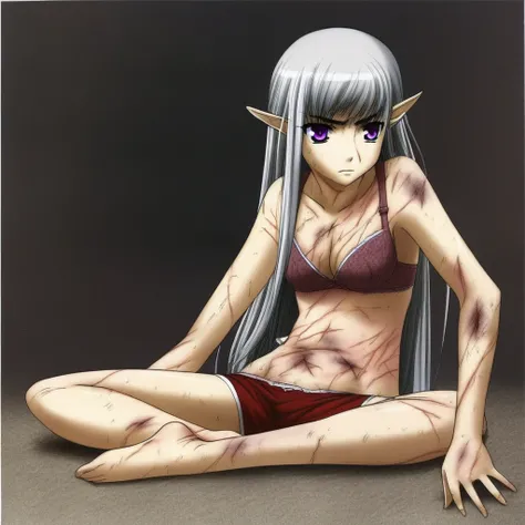 A silver haired half elf with purple eyes and long hair wearing a bra and underwear with large burns, bruises, and large red lichtenberg scars on her arms, chest, neck, stomach, and legs, but stopping at her face, wrists and ankles, anime