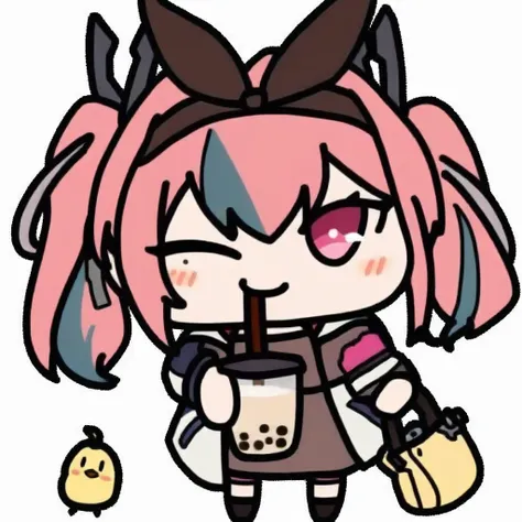 <lora:seseren_noob10-xl-000012:1>,1girl, bubble tea, bremerton (azur lane), one eye closed, star (symbol), manjuu (azur lane), disposable cup, holding, pink hair, cup, multicolored hair, holding cup, white background, pink eyes, twintails, streaked hair, s...