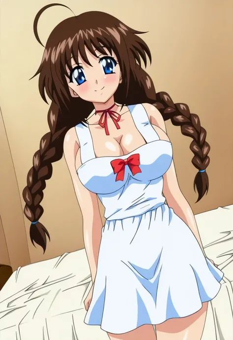 1girl, happy, blush, smile, indoors, bedroom, looking at viewer, BREAK, haruka takai issho ni h shiyo ep2 anime, brown hair, long hair, low twin braids, ahoge, blue eyes, large breasts, BREAK, harukas white dress outfit, white dress, sleeveless dress, dres...