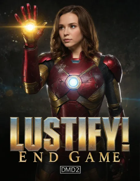 Logo with stylized bold letters that reads "LUSTIFY! Endgame DMD2" in the foreground as the main focus. A beautiful young woman with medium brown hair wearing Iron Man suit. Intense and focused facial expression. Her right hand is raised, holding a glowing...