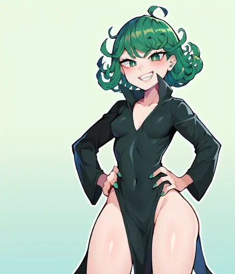 (zPDXL3), score_9, score_8_up, score_7_up, <lora:DiffeyStyle:1>, hires, amazing quality, outline, toon, solo, standing, hands on hips, dynamic pose, 1girl, (tatsumaki:0.8), small breasts, slim waist, wide hips, large thighs, green hair, green eyes, white p...