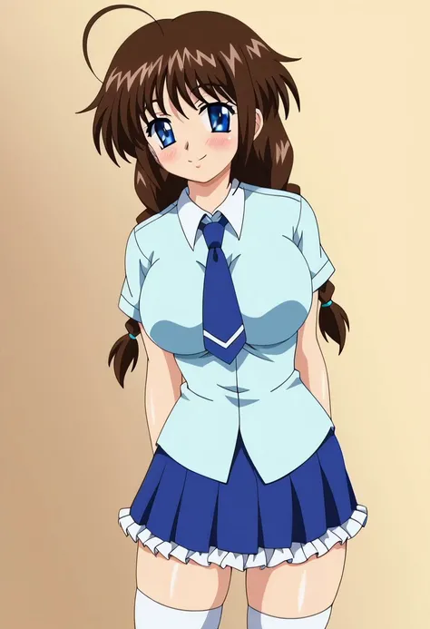 1girl, happy, blush, smile, indoors, bedroom, looking at viewer, BREAK, haruka takai issho ni h shiyo ep2 anime, brown hair, long hair, low twin braids, ahoge, blue eyes, large breasts, BREAK, haruka takais school outfit, dress shirt, aqua shirt, collared ...