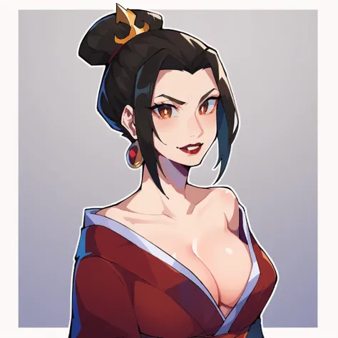 zPDXL3, score_9, score_8_up, score_7_up, <lora:DiffeyStyle:1>, outline, toon, azula, 1girl, slim_body, large_breasts, black_hair, brown_eyes, white_pupils, red_robe, exposed_shoulders, cleavage BREAK simple_background, grey_background