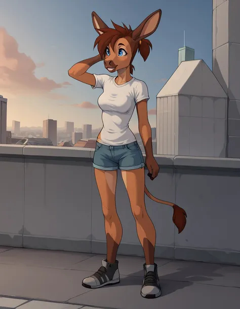 outdoors,city,
Kelly,1girl,solo,donkey girl,brown hair,animal ears,blue eyes,furry female,short hair,short ponytail,donkey ears,animal nose,donkey tail,body fur,
full body,smile,long eyelashes,
denim shorts, white t-shirt, 
<lora:Kelly_v001_PDXL:1>,