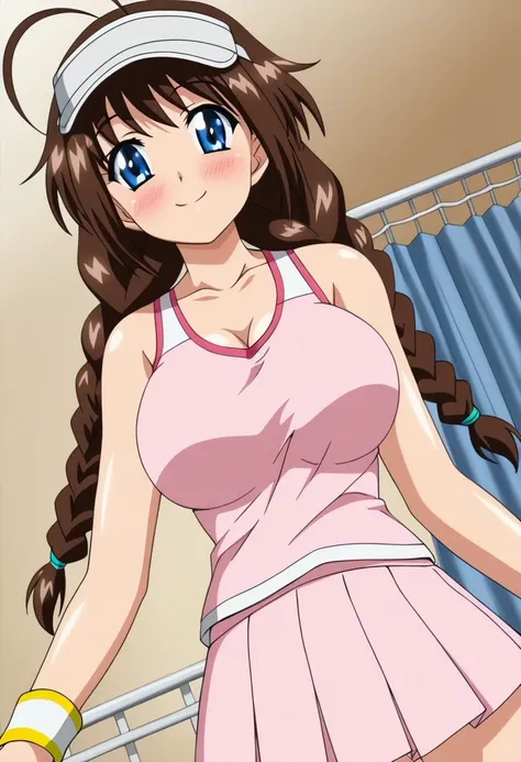 1girl, happy, blush, smile, indoors, bedroom, looking at viewer, BREAK, haruka takai issho ni h shiyo ep2 anime, brown hair, long hair, low twin braids, ahoge, blue eyes, large breasts, BREAK, haruka takais tennis outfit, tennis uniform, pink tank top, vis...