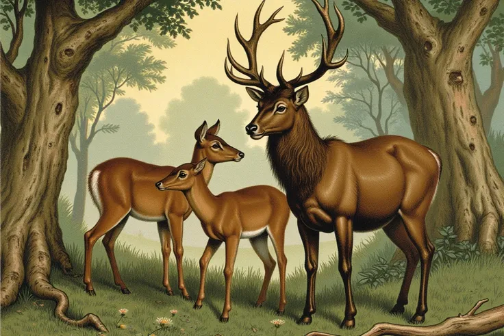 An illustration in John George Wood style, coloured crayons, a serene forest scene featuring a majestic stag, two deer fawns with their mothers protective gaze.