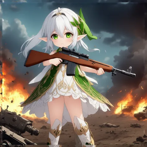 [nahida_character:1.5], anime style, a small elf-like girl with white hair styled with green leaf ornaments, glowing green eyes with light-green pupils shaped like crosses, wearing a green and white dress adorned with golden patterns but slightly torn and ...