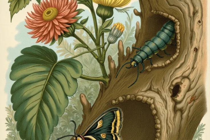 An illustration in John George Wood style, coloured crayons, a Detailed and Colorful Depiction of Flowering Plants, Insects on Leaves, a Caterpillar Moth Resting in Tree Bark