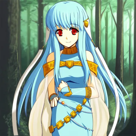 1girl, ninian, blue hair, long hair, hair ornament, red eyes, dress, bare shoulders, forest, standing, smiling