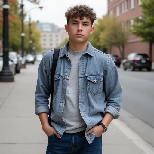 dennis, a young man standing on a street, he wears casual style clothes