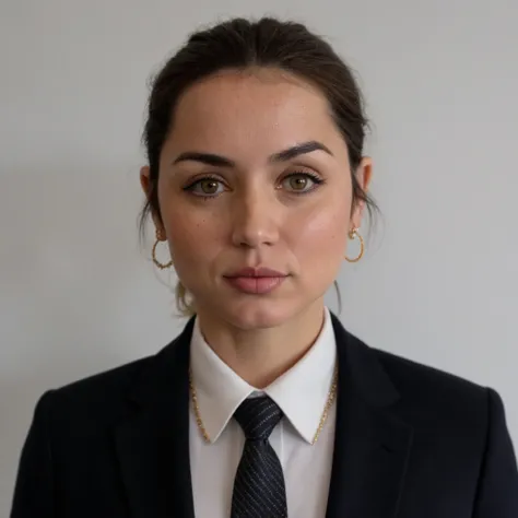 high quality passport photo of a woman wearing a suit and tie looking directly at the camera with her mouth closed and a neutral...