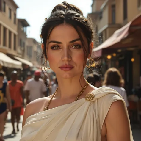 instagram selfie of a woman during the ancient roman empire standing in the middle of a marketplace in ancient rome with people ...