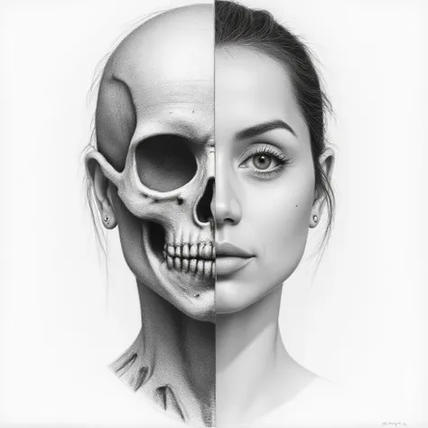 detailed realistic drawing of the face of a woman facing the viewer but the left half of her face is skull while the right side ...