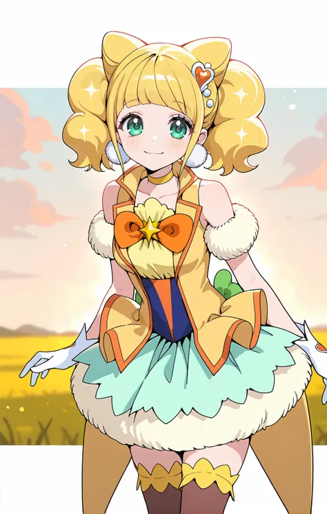 1girl,
(sky:1.2),solo,medium breasts,
smile,looking_at_viewer,(standing:1.2),
face_focus,
BREAK cowboy_shot,
BREAK
BREAK
BREAK (sparkle_cure,blonde hair,long hair,hair bun,cone hair bun,double bun,short hair,bangs,twintails,green eyes,hair ornament,heart h...