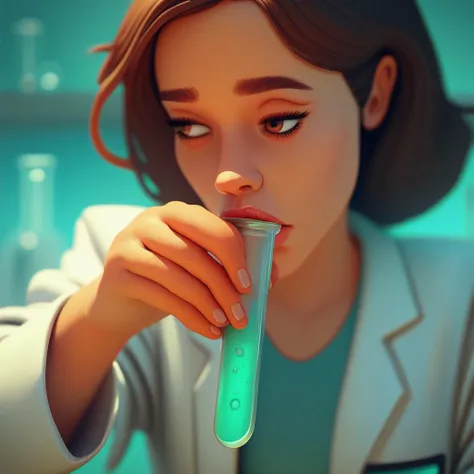 score_9, score_8_up, score_7_up, score_6_up,source_cartoon, BREAK, science lab, labcoat, 1girl, brown hair, cartoon, western comic book, depth of field, testtube, TTsmall, TTdrinking, TTpinch-top, TTnear-empty, TTliquid-pink, TTopen, mouth open, lips, clos...