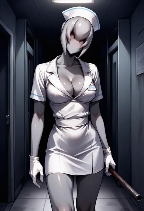 masterpiece, best quality, <break> solo, 1girl, blhdnrse, faceless female, monster girl, grey skin, looking at viewer, standing, holding weapon, lead pipe, head tilt, nurse cap, short dress, white dress, white gloves, cleavage, horror (theme), indoors, hos...