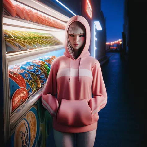 3D, render, octane, UnrealEngine, 1girl, woman, street, night, urban, pink hoodie, white stripes, neon lights, fashion, casual, modern, cityscape, vending machine, illuminated, standing, aesthetic,