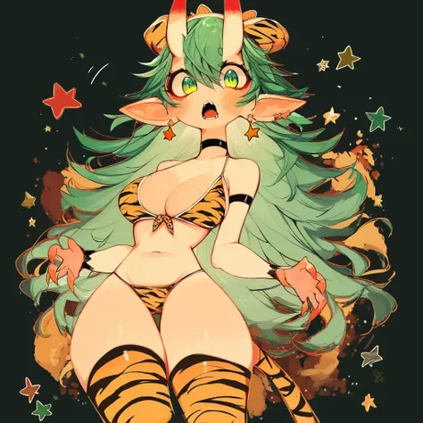 score_9, score_8_up, score_7_up, score_6_up, score_5_up, Us-a Style, 1girl, breasts, solo, lum, horns, long_hair, animal_print, pointy_ears, tiger_print, cleavage, thighhighs, open_mouth, black_background, green_hair, navel, swimsuit, choker, oni_horns, lo...