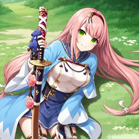 1 girl, BREAK,long hair, thighhighs, pink hair, 1girl, swept bangs, mole near breast, gentle smile,green eyes, solo, battle stance,hair ornament, medium round breasts, outdoors,sword girl outfit, flower , lying down hug her katana