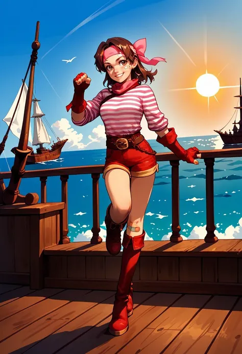 score_9, score_8_up, score_7_up,source_anime, perfect face,highly detailed, belle,1girl, solo, shorts, boots, brown hair, gloves, headband, bandaid, fingerless gloves, smiling,outside, sky, sun,standing, on a pirate ship,on deck