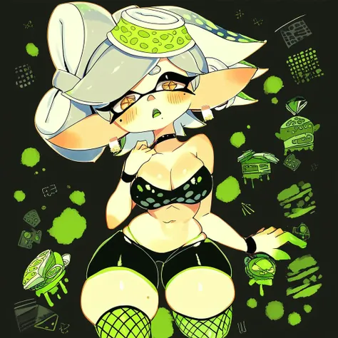 score_9, score_8_up, score_7_up, score_6_up, score_5_up, Us-a Style, 1girl, solo, breasts, marie_(splatoon), mole, jewelry, earrings, navel, thighhighs, tentacle_hair, yellow_eyes, open_mouth, mole_under_eye, blush, grey_hair, +_+, fishnets, medium_breasts...