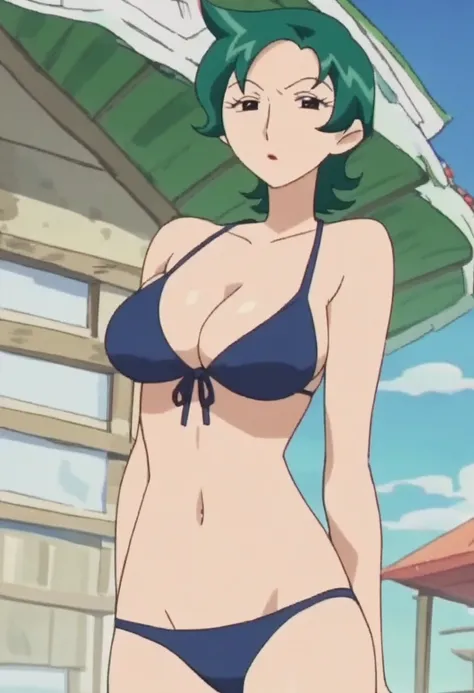 score_9, score_8_up, score_7_up, best quality, masterpiece, anime screencap, anime coloring, 1girl, solo, looking at viewer, kasumi ranko, green hair, short hair, breasts, large breasts, bikini,