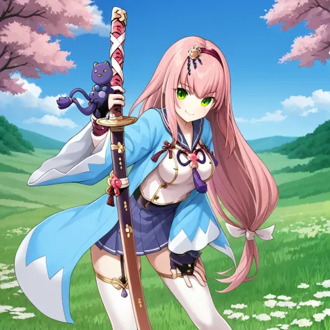 1 girl, BREAK,long hair, thighhighs, pink hair, 1girl, underwear, gentle smile,green eyes, solo, battle stance,hair ornament, medium round breasts, outdoors,sword girl outfit, flower ,draw her katana