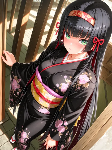 masterpiece, best quality, very aesthetic, absurdres, BREAK <lora:HappoubiJin_IllXL:1>
1girl, solo, from above, looking at viewer, Reception Area, scenery, long hair, blush, black hair, very long hair, green eyes, hair ribbon, hairband, japanese clothes, b...