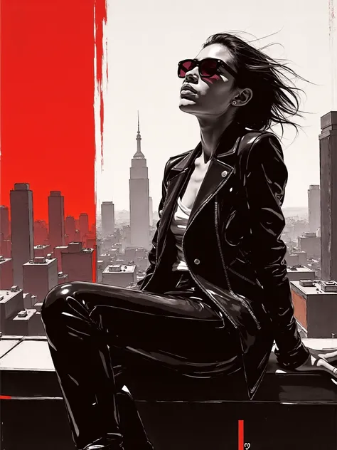 mad-mdrnmnmlsm painting of futuristic clothing, woman sitting on the roof in a cyberpunk city overlooking a busy<lora:modern-minimalism-flux:1.2> brush_stroke, red,
