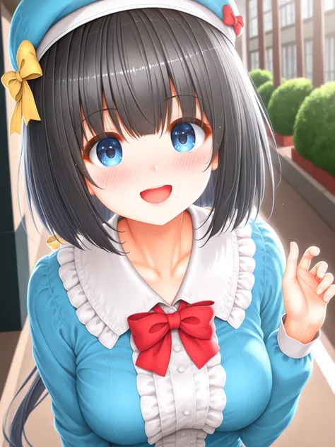 masterpiece, best quality, very aesthetic, absurdres, BREAK <lora:EndouHiroto_IllXL:1>
1girl, long hair, blush, smile, open mouth, short hair, blue eyes, shirt, black hair, long sleeves, hat, bow, ribbon, medium breasts, white shirt, hair bow, frills, coll...