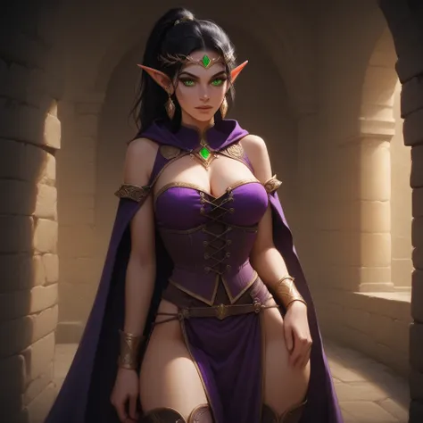 (((detailed, beautiful, high quality))), score_9, score_8_up, score_7_up, full body,  elf, pointed ears,  1 girl, elf woman, wizard, black hair, ponytail, pointy ears, green eyes, purple tunic, purple skirt, cape, corset, medium breasts, long legs, cleavag...