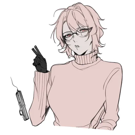 long sleeves, blush, adjusting eyewear, uniform, spoken question mark, knife, turtleneck sweater, gun, blindfold, stuffed toy, cigarette, teeth, signature, shirt, bag