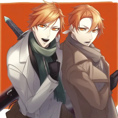 multiple boys, sword, black eyes, bow (weapon), scarf, looking back, holding, fingerless gloves, orange hair, white shirt, scar, brown jacket, jacket