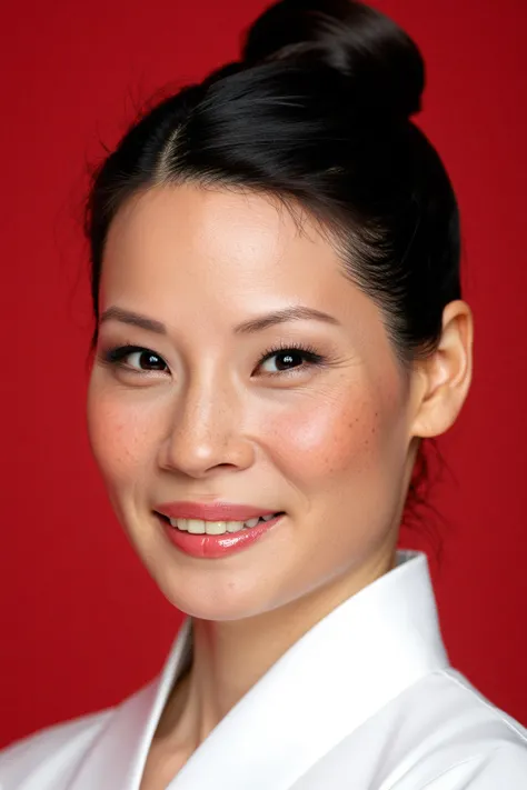 LucyLiu, high quality portrait, HD photoshoot, chinese hair bun, black hair, brown eyes, freckles, smile, white kimono, pale red background, sharp focus, detailed skin, detailed eyes