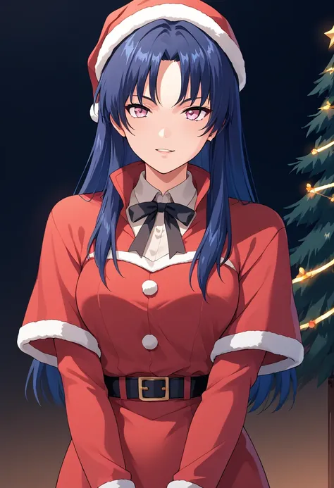 score_9, score_8_up, score_7_up, score_6_up, score_5_up, score_4_up, source_anime, nicky taylor, blue hair, long hair, pink eyes, santa claus uniform, chirstmas tree