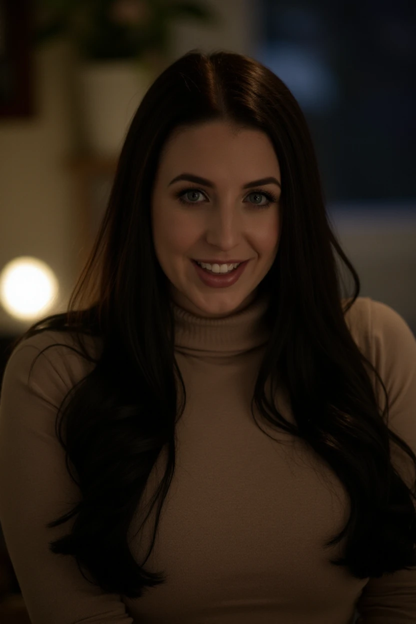 portrait of ang3l4wh1t3 woman, on a office at night, serene and warm, natural lighting, soft focus, high-resolution, elegant and introspective atmosphere, quiet sophistication, wearing a turtleneck yarn blouse, slight smile

