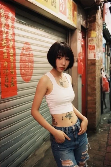 This urban phonk  kei  streetphotography, likely in Asia, given the presence of Chinese characters on the shutters. The subject is a young Asian woman with a slim physique and a short, black bob haircut. She is dressed in a white, sleeveless crop top that ...