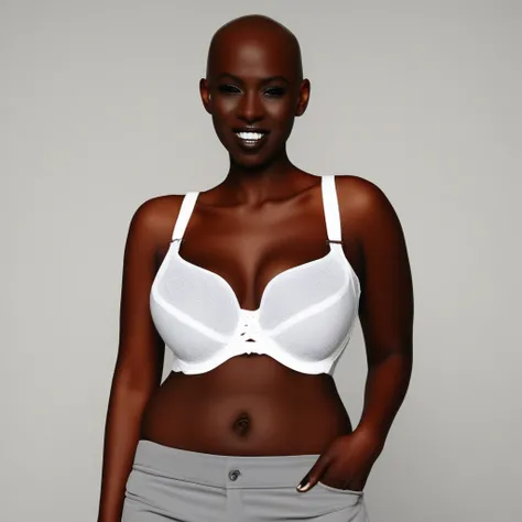 grey pants, bra, panties, navel, teeth, large breasts, shirt, underwear only, white bra, bald