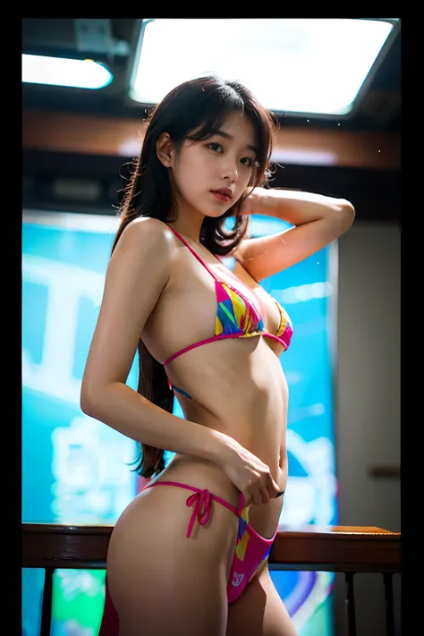 Create a cinematic costume old money look that would make j.eun look the most beautiful,
<hypernet:A1 Extra-600000:0.55>,from below,front view,
A cinematic film still of eastern European features
casting by j.eun,((wearing  micro bikini, (Acid colors), no ...